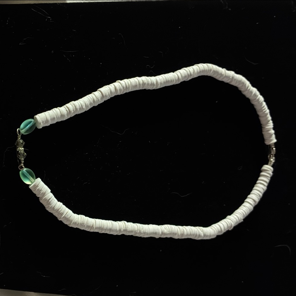 White shell, aqua glass and Aurora borealis Necklace with Organic Design 15”